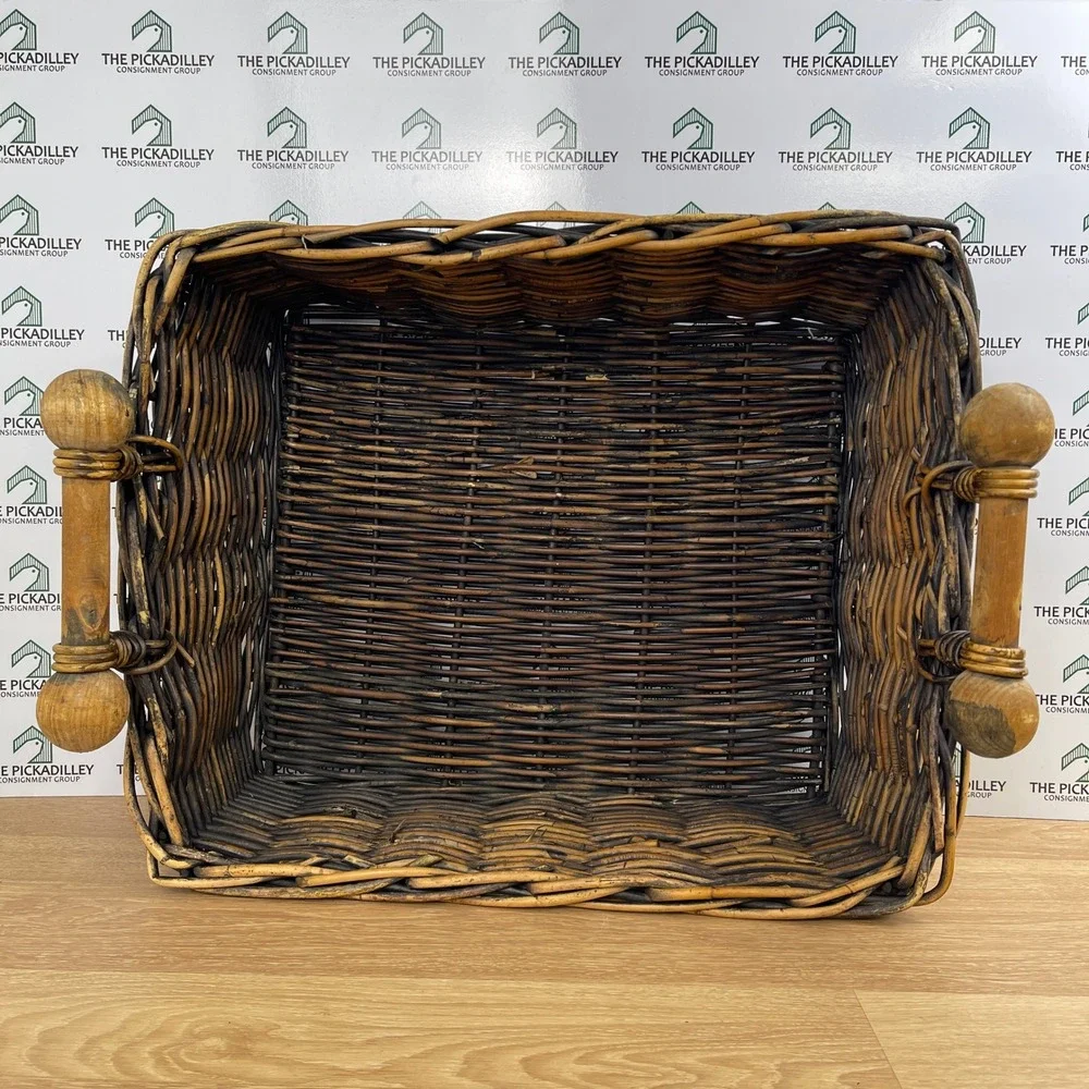 Large Rustic Hand Woven Rattan Storage Basket with Turned Wood Handles Brown